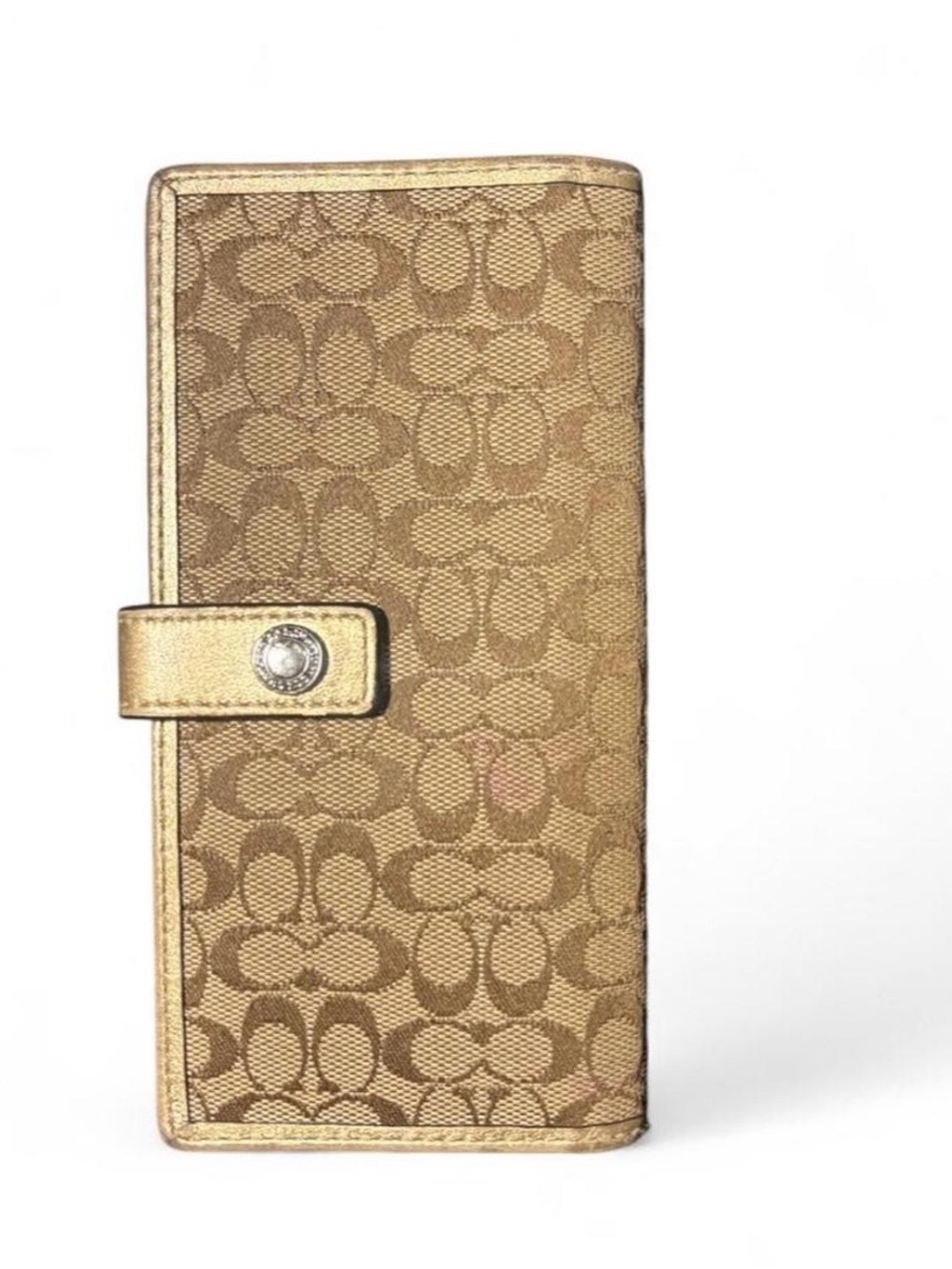 Vintage Coach signature slim snap wallet in tan with gold trim.